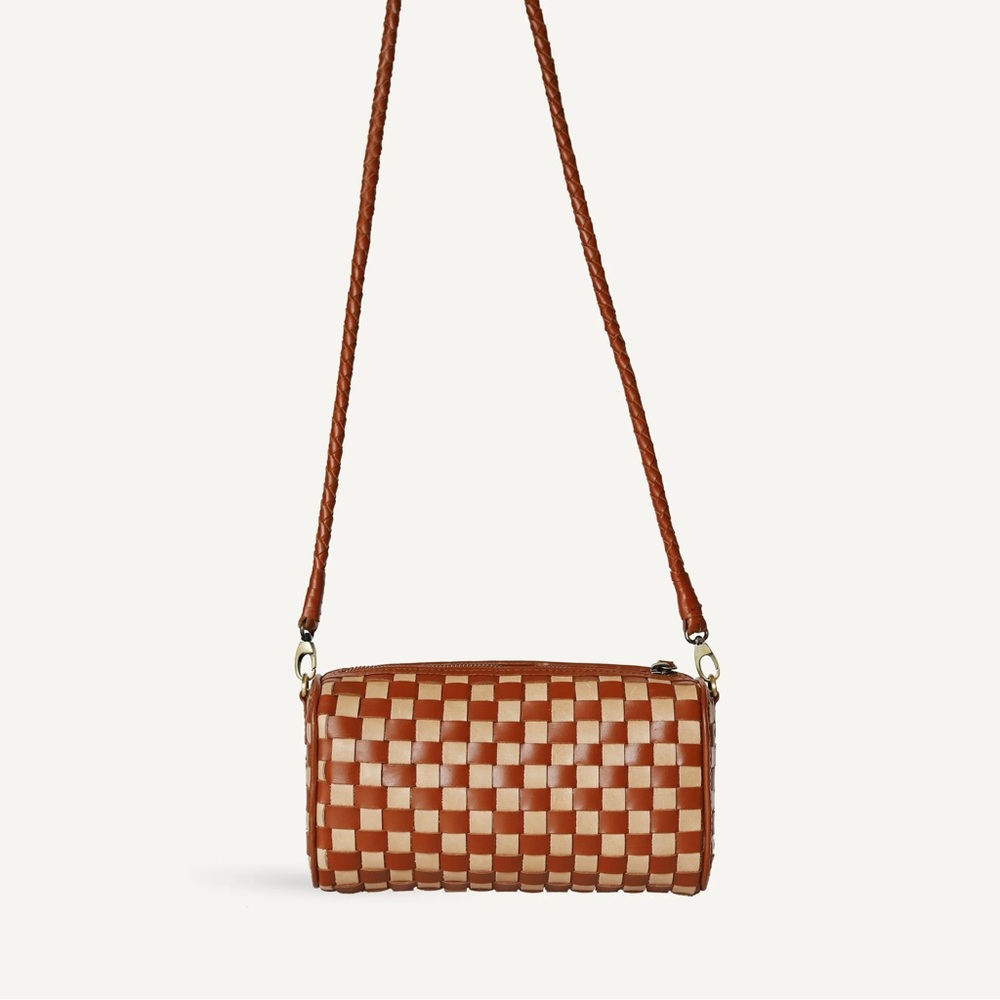 Elegant Tan and Cream Checkered woven Crossbody Bag